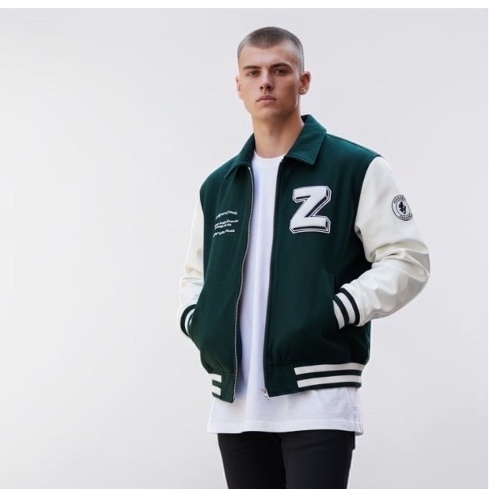 Zanerobe Mens Varsity Jacket Wool Blend‎ Chenille Patch Streetwear Green White L
